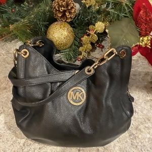 Michael Kors Leather Hobo Bag Purse Black Handbag MK Gold